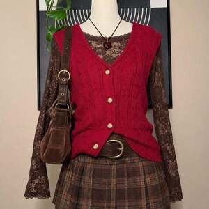 Vintage 90s Red Cable Knit Sweater Vest Button Front Preppy Deadstock NWT